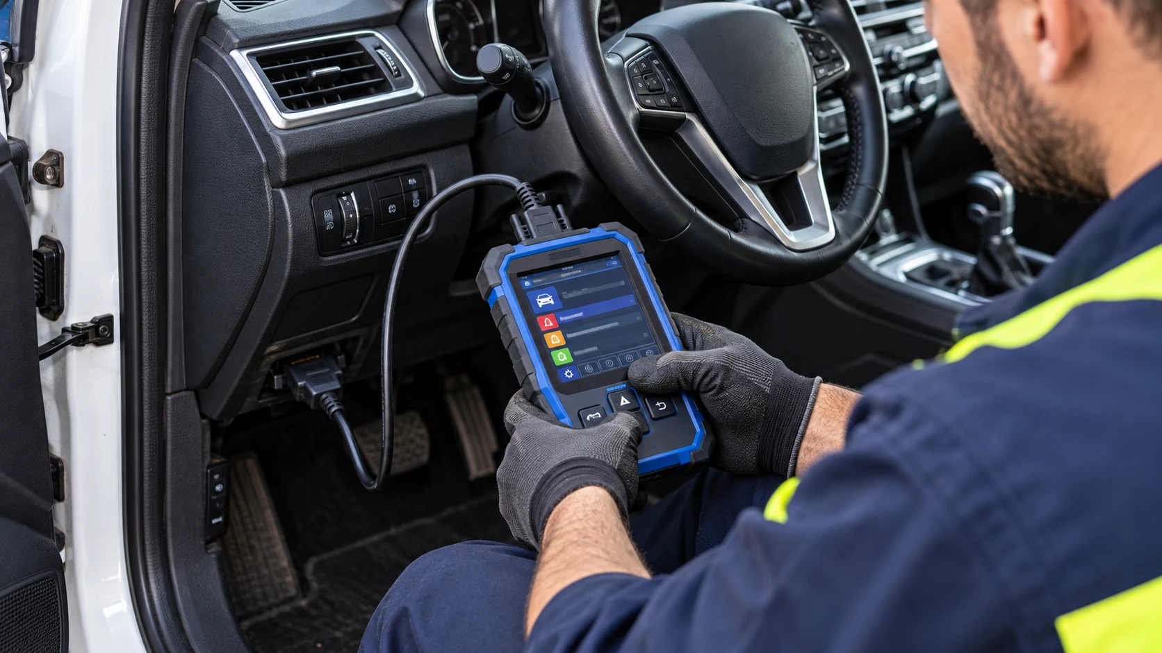 Mécanicien utilisant une valise de diagnostic électronique à l’intérieur d’une voiture.