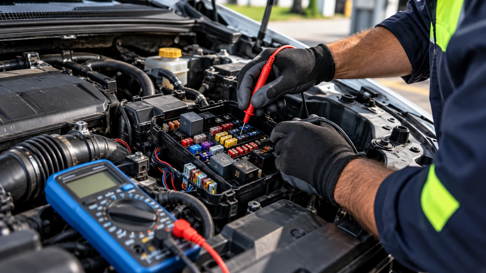 Contrôle des fusibles, relais et circuits électriques d’un véhicule avec un multimètre.